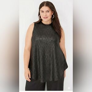 Lane Bryant Metallic Foil Ribbed Swing Tank 18/20 High Neck Black Tunic Top Goth